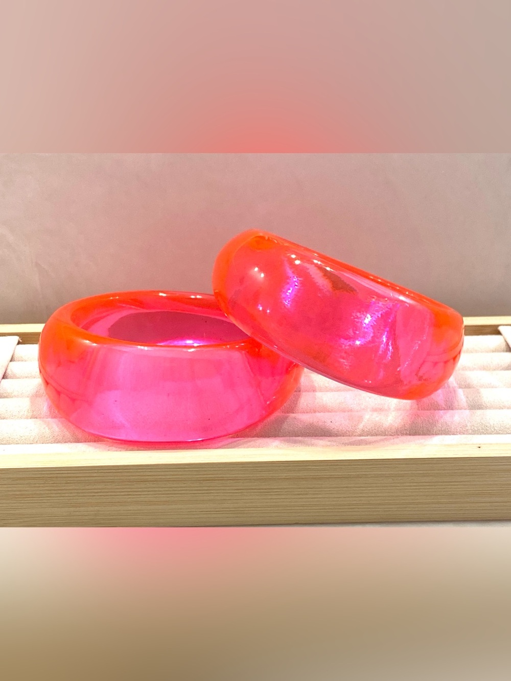 Vintage Chunky Neon Pink Orange Bangle Bracelet Set 2pc Lucite Stackable READ